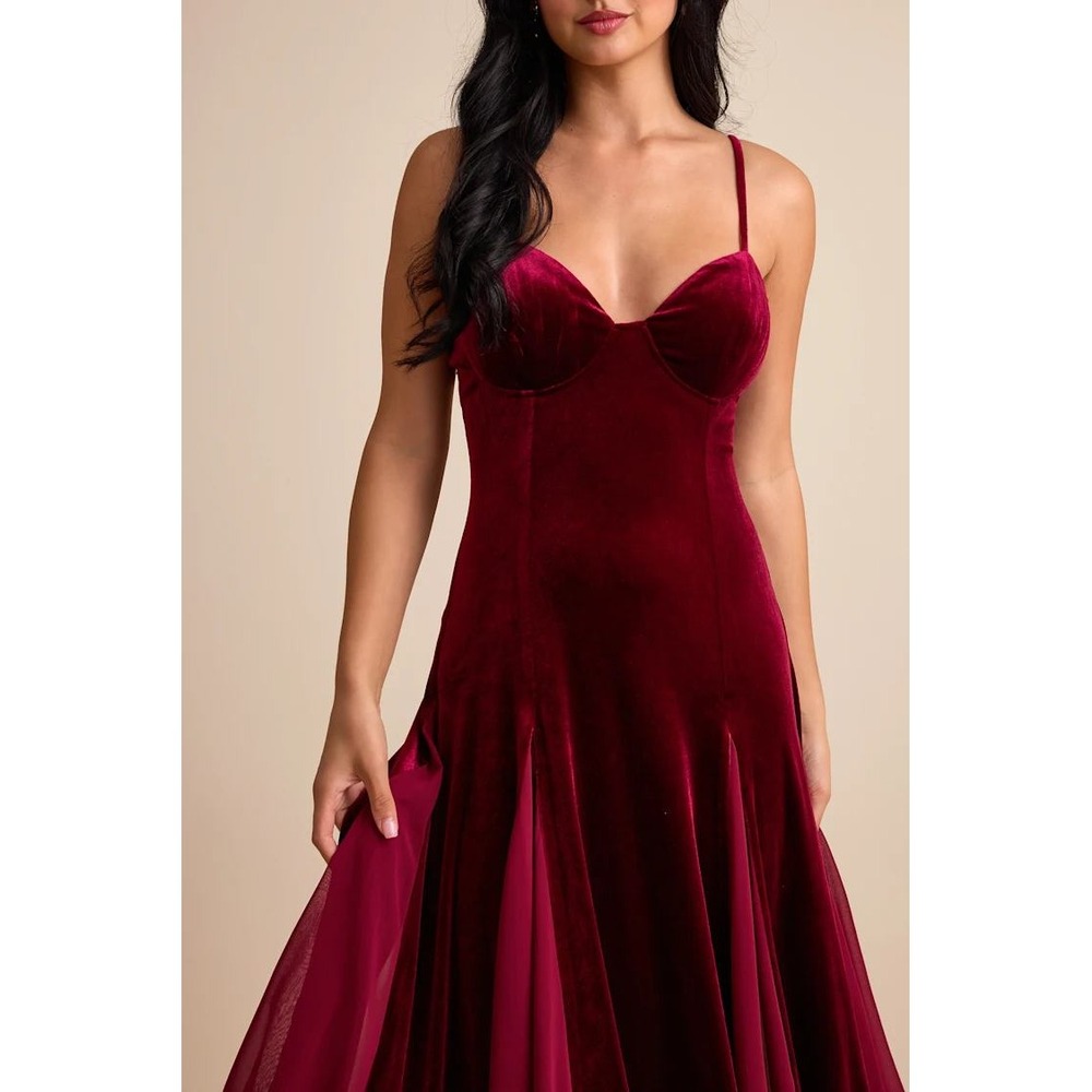 Lulus Burgundy Velvet Maxi Dress Sweetheart Chiffon Godet Inset Evening Gown XL - Picture 13 of 16